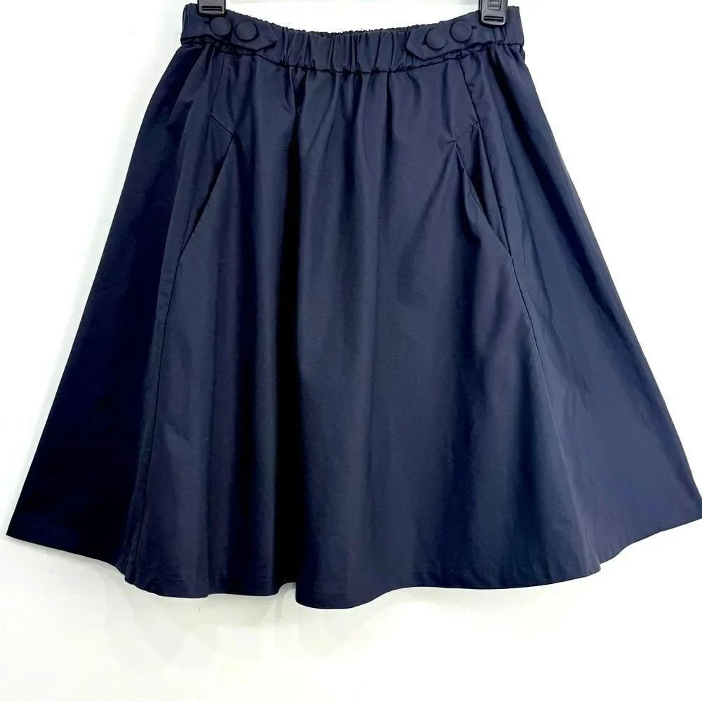 Zara Basic Navy Blue Cotton Blend Elastic Button Waist A Line Classic Mini Skirt